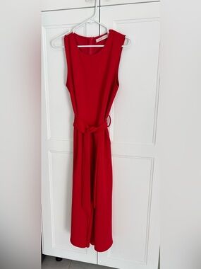 bishop + young Red Sleeveless Midi Dress with Self Tie Belt